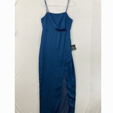 New Lulus Large Destiny Awaits Navy Blue Satin Faux-Wrap Maxi Dress Bridemaid picture