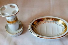 Vtg Richard Andre Porcelain Toothbrush Holder & Soap Dish White/Gold  #R.  AK#4 picture