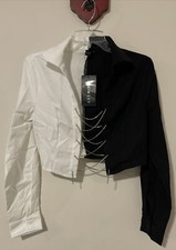 Shein Sxy Womens Medium Black & White Jeweled Cropped Blouse NWT M1104 picture