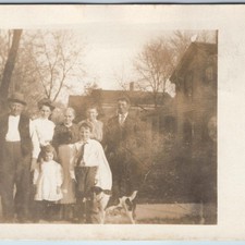c1910s Outdoor Family Group Photo RPPC Postcard Men Women Children Dog House DB picture