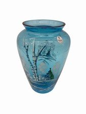 Fenton Art Glass Quality Blue Hand Painted Winter Christmas Scene Vase 8.5”H  picture