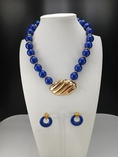 Avon 1980s ROYAL AZURE Lucite Gold Tone Necklace post Earrings married Set picture