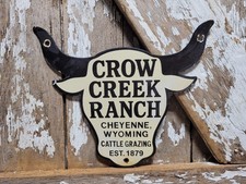 VINTAGE CROW CREEK RANCH PORCELAIN SIGN OLD CATTLE GRAZING COW STEER WYOMING  picture