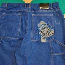 Vintage Y2K 2000s Southpole Red Tab B Boy Wide Leg Embroidered Blue Jeans 38x32 picture