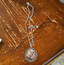 Vintage Inspired Silver Tone Oval Floral Rose Charm Pendant Necklace  picture