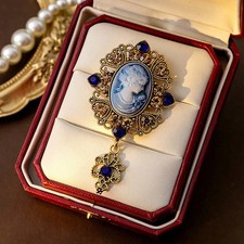 2 Pcs Blue Elegant Victorian Vintage Court Style Cameo Brooch Pin Lady Portrait picture