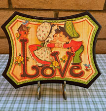 Vintage 1970s Homco Wooden Wall Plaque Featuring Kissing Boy and Girl picture