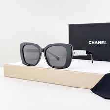 CHANEL CH5422B Cat Eye Sunglasses Black Acetate Gray Lens Crystal Logo 53-17-145 picture