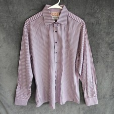 Thomas Pink Dress Shirt Men 16.5 Slim Fit Pink Blue Stripe Long Sleeve Button Up picture