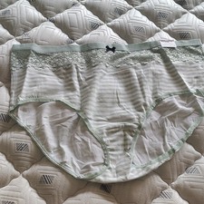 Cacique Brief Panties Plus 22/24 Green White Striped Lace Bow Cotton 1 Pack picture