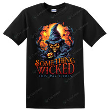 Witch Skull Something Wicked This Way Comes T Shirt Halloween Art Spooky Tee picture