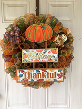 Fall Thanksgiving Door Wreath Orange Green Beige Mesh Pumpkin Thankful Sign picture