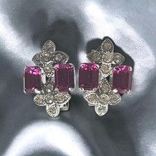 Vintage Austria Signed Raspberry Pink/Clear Rhinestone Clip Earrings    picture