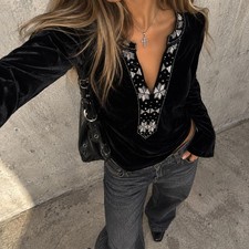 Reba Black Velvet Embellished Tunic Top – Size Medium Gorgeous Reba black picture
