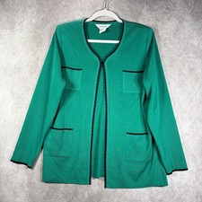 Misook Knit Cardigan Women L Green Open Front Scalloped Trim Quiet Luxury Career picture