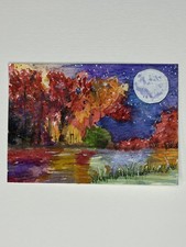 Maureen Moher ACEO “Autumn Glow” autumn Forest water moon landscape original picture
