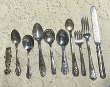 Silver Plated Flatware Lot Victorian Fork Spoon Knife Tongs Oneida Gerber 9 pcs. picture