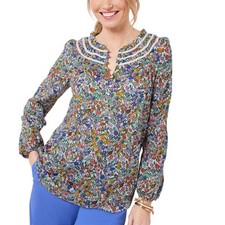 Talbots Buoyant Ditsy Popover Blouse Lace Trim Multicolor Size Large picture