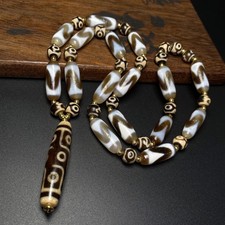 Tibetan Old 9 Eye Dzi Tiger Tooth Multi Treasure Necklace Beads A173 picture