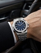 Mens Luxury Automatic Stainless Steel Watch Blue Dial Date Silver 40mm 8057L Box picture