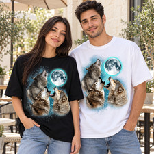 3 Wolf Moon Howling Wolves Funny Retro Wolf Head Cool Unisex T-Shirt picture