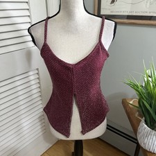 Vintage Joule Top Womens Medium Metallic Burgundy Split Front Y2K Indie Sleaze picture
