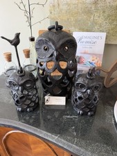 RARE 3pc Pottery Barn Bronze Cast Iron Owl Lanterns - FALL AUTUMN HALLOWEEN picture