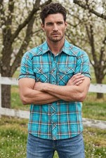 BKE Mens XXL Western Shirt Blue Plaid Pearl Snap Short Sleeve 100% Cotton picture