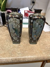 Pair Stunning Japanese Cloisonne Vases. Rare Pure Silver Peacock  Birds Art picture