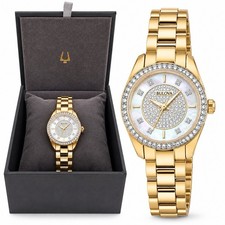 Bulova 98L315 Women’s Crystal Watch Gold Tone Mother of Pearl w/ Box & Tag picture