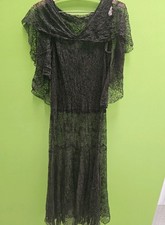 1930s Antique Black Net Lace Dress Butterfly Wing Capelet Sheer Drop Waist Gown picture