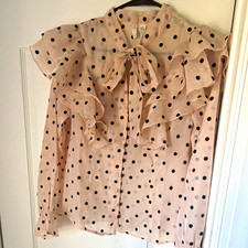 CATO Sheer Chiffon Polka Dot Ruffle Tie Neck Blouse Long Sleeve Pink/Black M picture