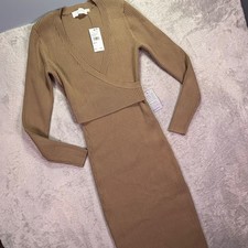 NWT ASTR The Label Women Midi Dress Medium Oatmeal Ribbed Wrap Top ADR102456-003 picture