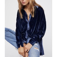 Maeve Anthropologie Navy Blue Velvet Button Down High Low Tunic Shirt Womens 0 picture
