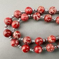 Vintage Red Stone Beaded Necklace Faceted Silver Tone Spacers Long Flapper 50” picture