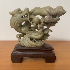 6” Chinese Carving Hardstone Fengshui Dragon Phoenix wealth Statue with Base. picture