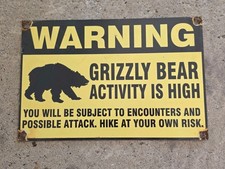 VINTAGE 1960'S WARNING GRIZZLY BEAR PORCELAIN SIGN 12
