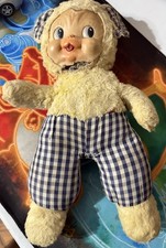 Vintage 1950s 60s Rubber Face Plush Doll Gingham Stuffed Toy AS IS Neck Damage picture