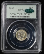 1945 Mercury Dime 10c- PCGS & CAC MS65 -OGH Gen 2.1 Scarce Holder Toned picture