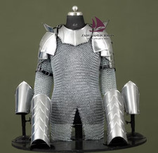 ZAIN Medieval Chainmail Hauberk Armor Steel Pauldrons Gorget Greaves Christmas picture