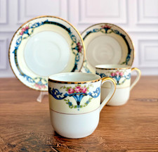 Pair of Noritake M Pontiac Demitasse Tea Sets Blue Pink Floral Gold Trim picture