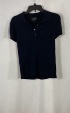 A.P.C. Women's Navy Blue Ribbed Cotton Knit Short Sleeve Polo Shirt Sz L picture