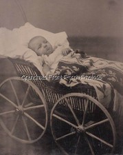 Antique 1/6th Tintype Photo Sad Baby in Big-wheeled Carriage 1860s picture