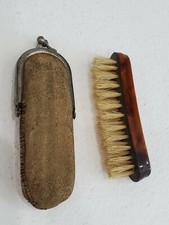 Antique Mini Nail Brush in Leather Case Early 1800's picture