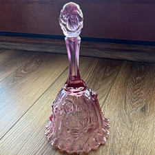 Fenton Handmade USA Rose Glass Bell Pink/Clear Rose Floral Handle picture