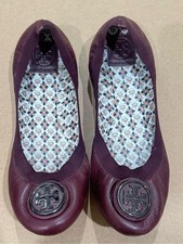 Tory Burch Caroline Ballet Flats Women 10.5M Burgundy Leather Logo Shoes picture