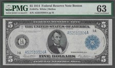 1914 $5 Boston LARGE Size PMG Choice UNC 63 Federal Reserve Note picture