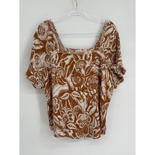 Wonderly Women Rust Floral Cotton Gauze Square Neck Boho Blouse Crochet Sz 1X picture