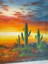🖼️❤️Original Signed P Minton Desert Cactus Sunset Oil Painting Canvas 24x20 picture
