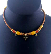 Vintage 1980s Signed Robert Rose Ethiopian Coptic Cross Pendant Leather Necklace picture